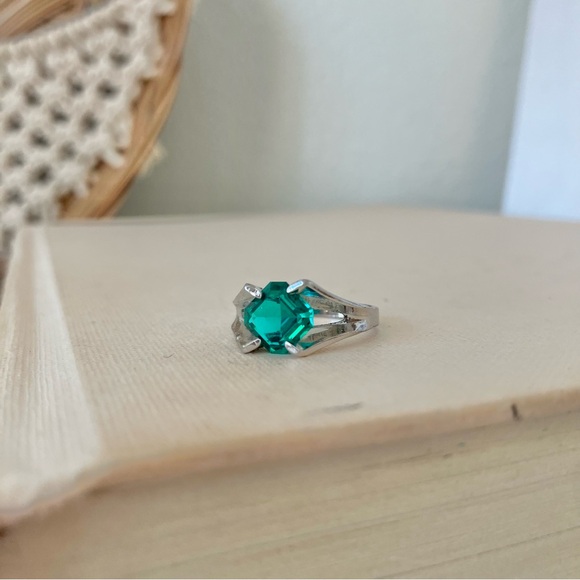 Vintage Jewelry - Art Deco Green Stone Emerald Square Cut Ring “Aiden” Diamond Forest Earthy Elven